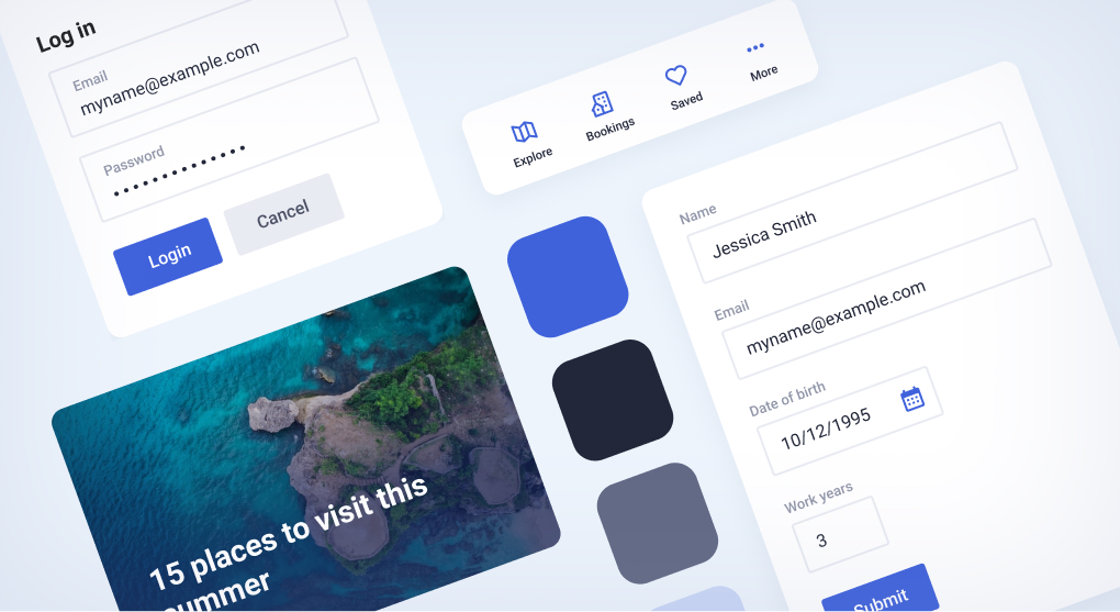 A blue, grey and black colour palette used in the UI design of a mobile app