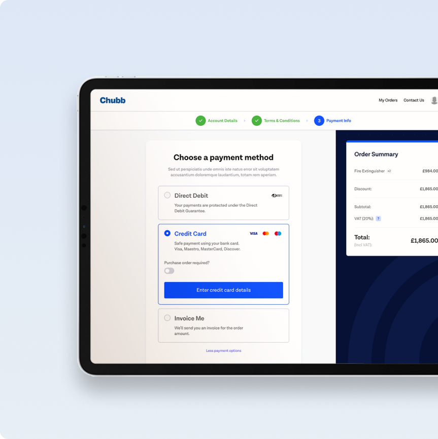 Screen displaying Chubb security self-service payment portal platform