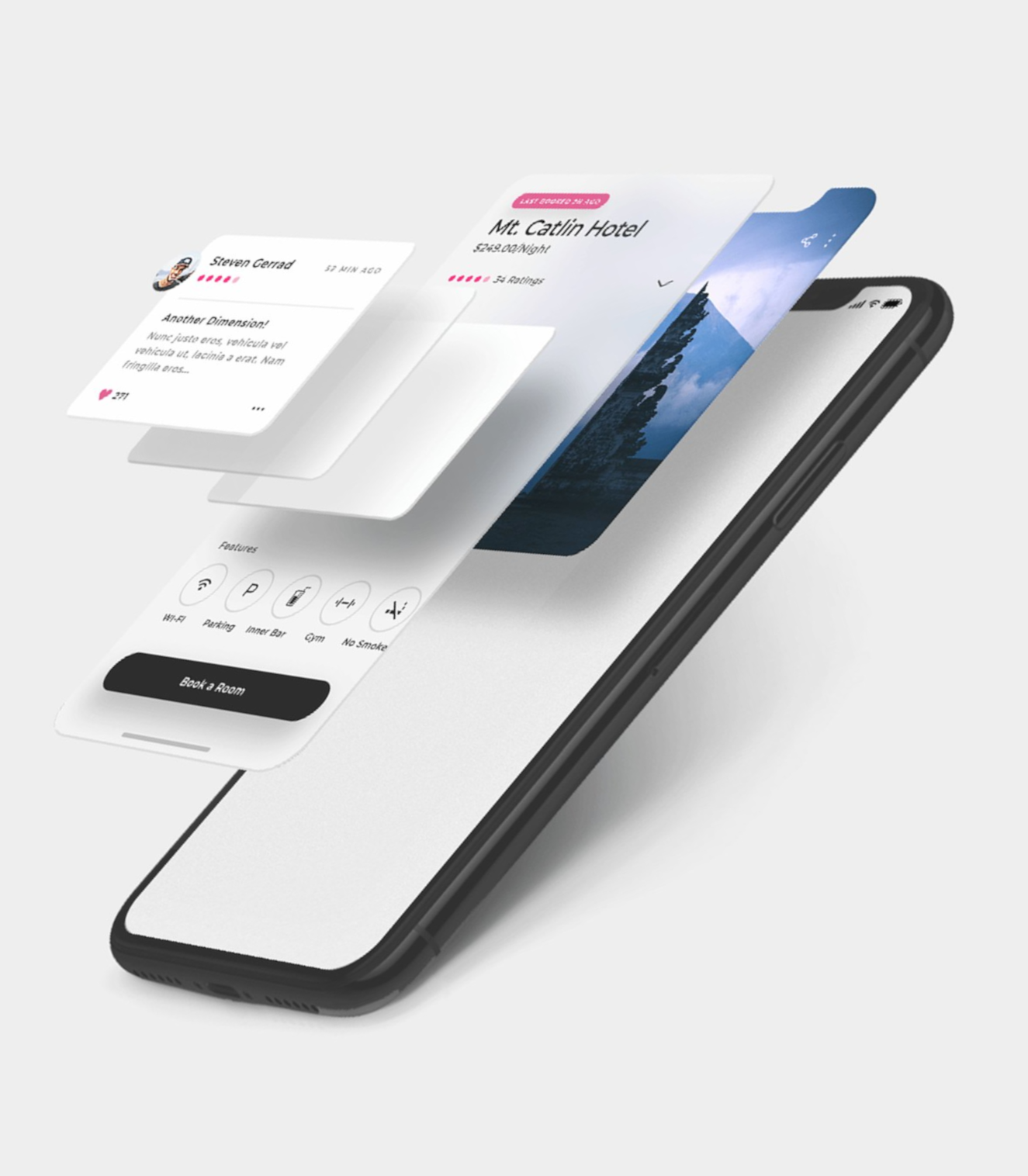 A mobile mockup with multiple floating screens displaying mobile apps