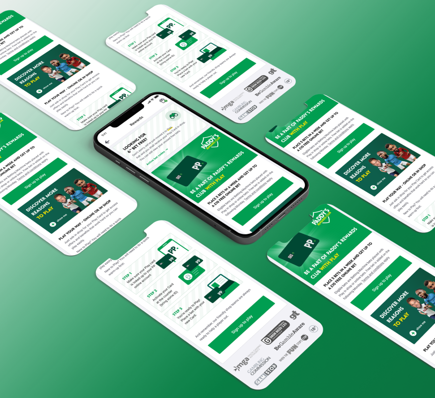 Multiple app screens with Paddy Powers mobile UI design