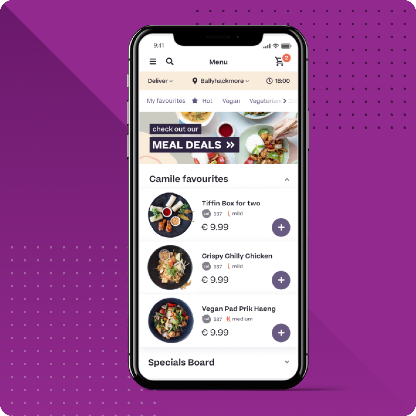 iPhone mockup of Camile restaurant food delivery mobile app interface