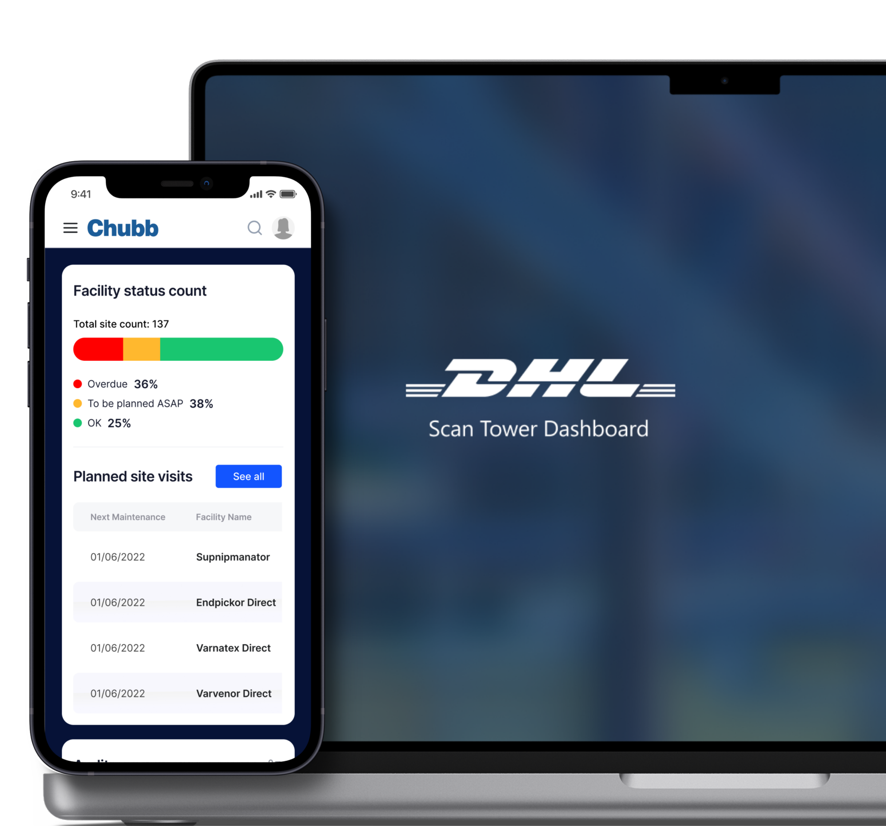Mobile mockup and laptop mockup of Chubb Security mobile app and DHL dashboard app