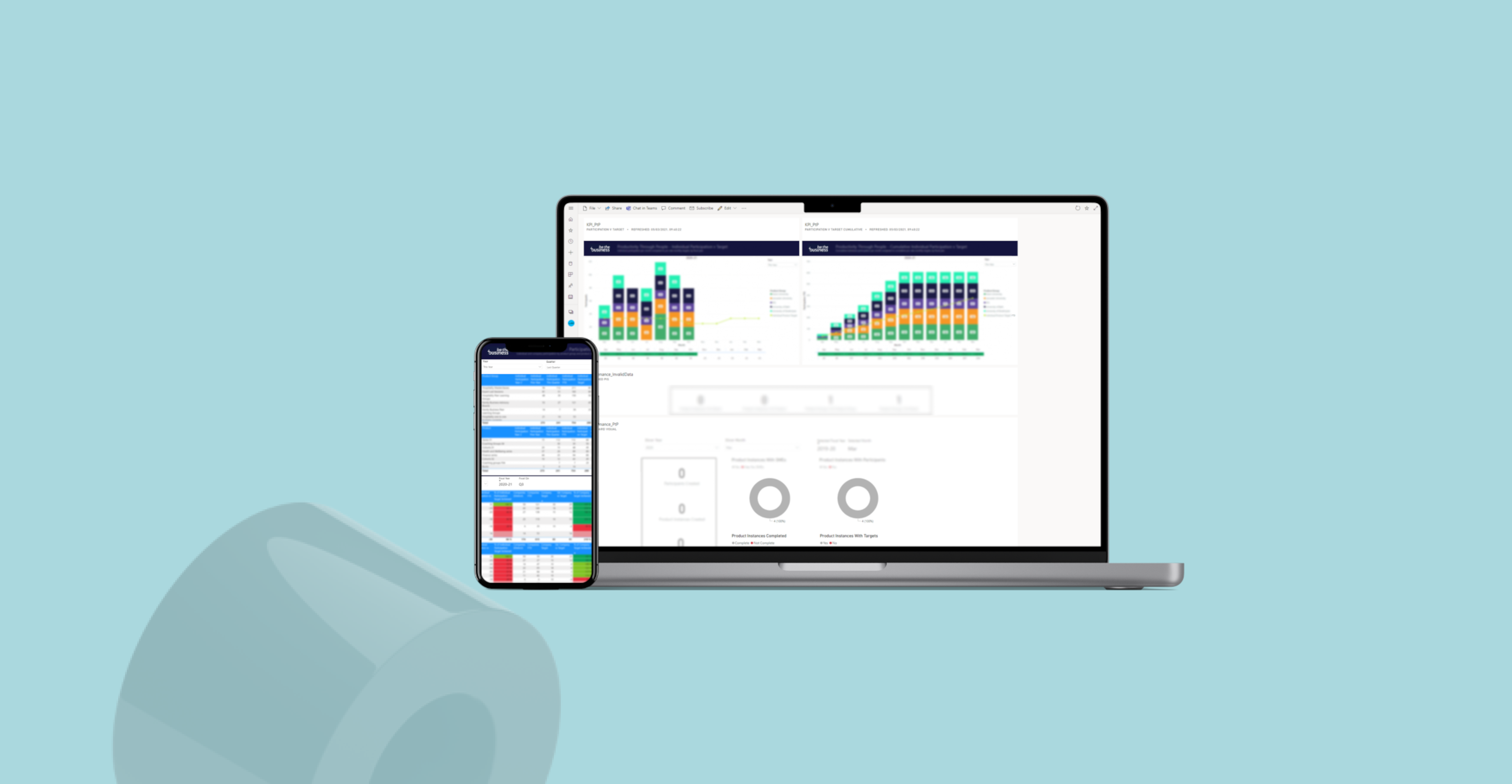 A business intelligence dashboard and data management system displayed on a laptop along with data visualisation tools for data analysis and customer management displayed on a phone